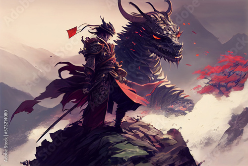Japanischer Samurai mit einem Drachen auf einem Berg
