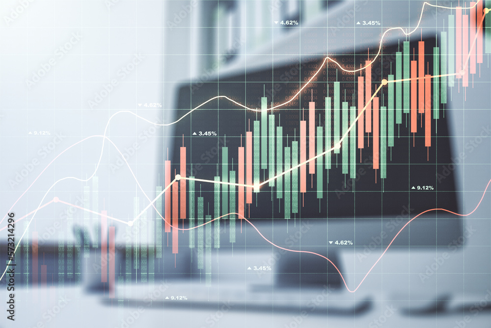 Multi exposure of abstract financial graph and modern desktop with pc on background, financial and trading concept Multi exposure of abstract financial graph and modern desktop with pc on background, financial and trading concept