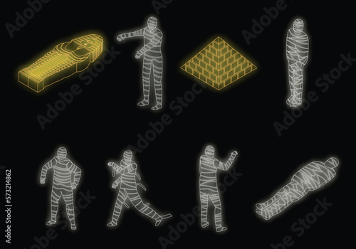 Mummy icons set. Isometric set of mummy vector icons neon color on black