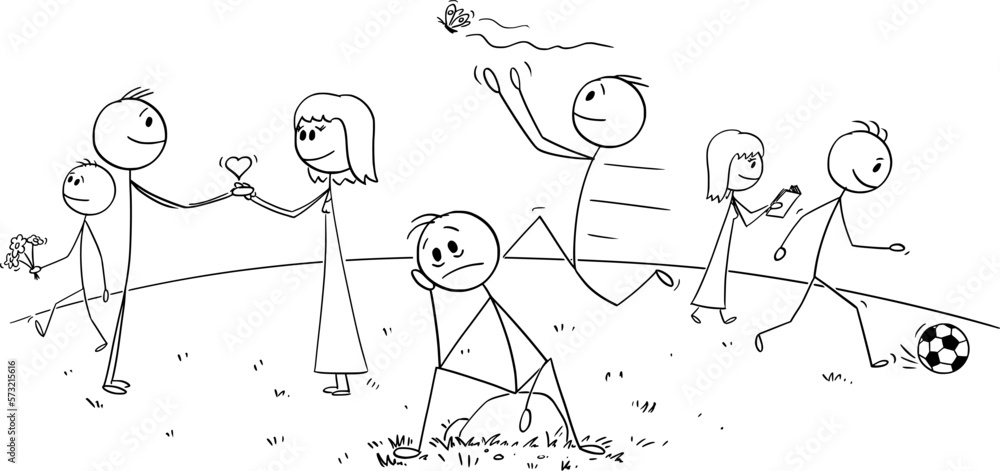 Unhappy Person, People Around Are happy , Vector Cartoon Stick Figure Illustration