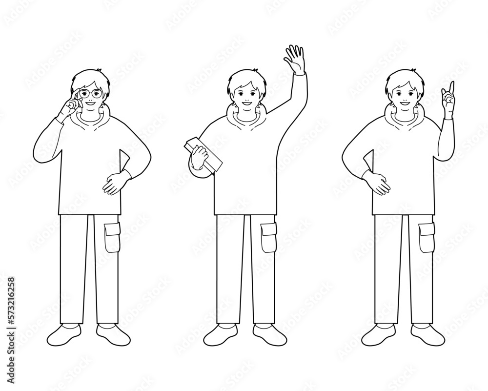 男子大学生のイラスト素材 挨拶 指差し 眼鏡を直す 男子大学生のイラスト素材 挨拶 指差し 眼鏡を直す