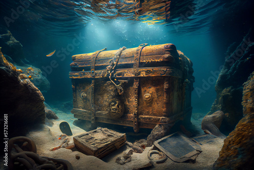 Ancient treasure chest, underwater in the ruins of an old Spanish ship. AI.
