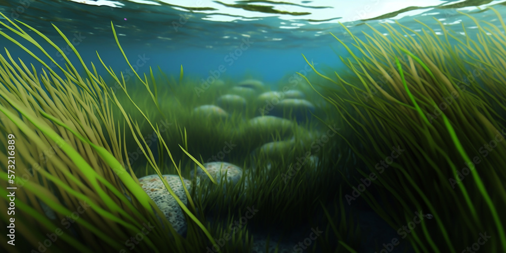 Underwater landscape Green Seaweed reef with algae, sea north, view in the cold sea ecosystem generated by Ai