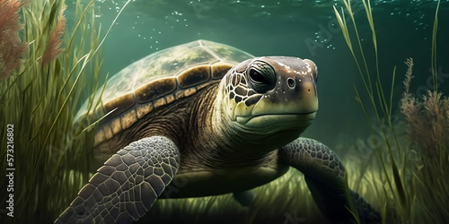 Green Sea Turtle eating seaweed, Chelonia mydas, Underwater generated by Ai. © Rattanapon