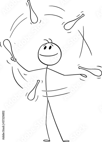 Juggler Juggling with Clubs, Vector Cartoon Stick Figure Illustration