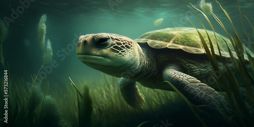 Green Sea Turtle eating seaweed  Chelonia mydas  Underwater generated by Ai.