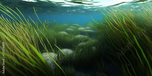 Underwater landscape Green Seaweed reef with algae  sea north  view in the cold sea ecosystem generated by Ai