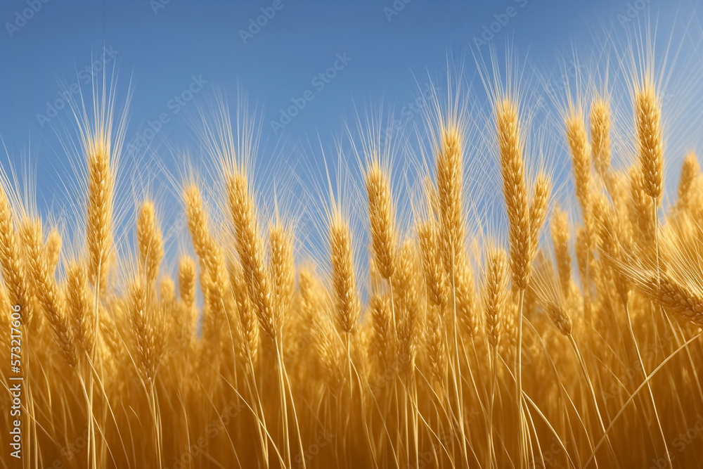 Closeup ears of golden wheat in wheat meadow with shiny light and blue sky background. Generative AI Closeup ears of golden wheat in wheat meadow with shiny light and blue sky background. Generative AI