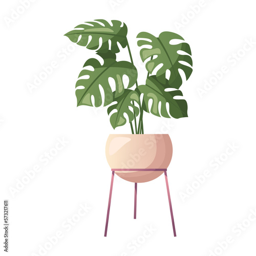 Decorative houseplant in pot. Indoor potted house plant in flowerpot. Home garden, greenhouse, florarium, gardening lover. Domestic store poster, banner, flyer, advertising, promo. Cartoon vector