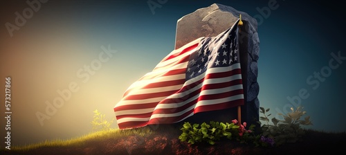 Memorial Day banner ,   An America flag on a military grave in Memorial Day, copy space for text by ai generative  photo