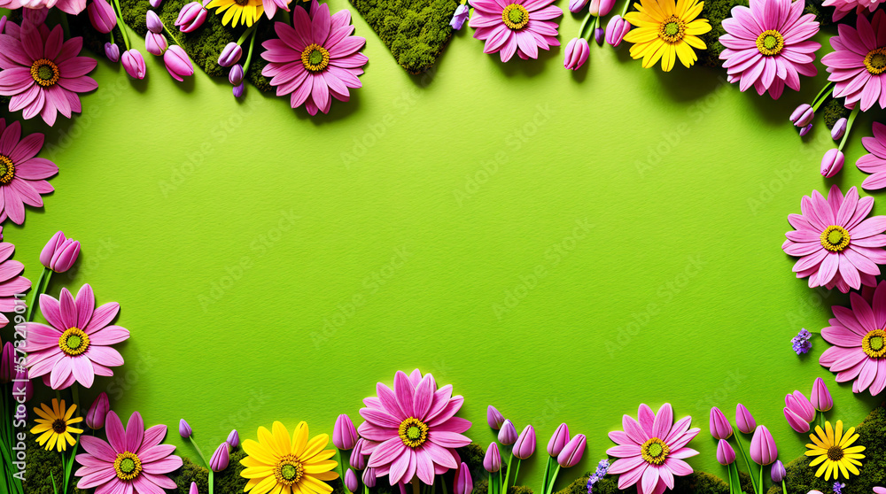 Colorful spring flowers ad pieces of moss framing green colored copy space. Flat lay. Generative AI illustration