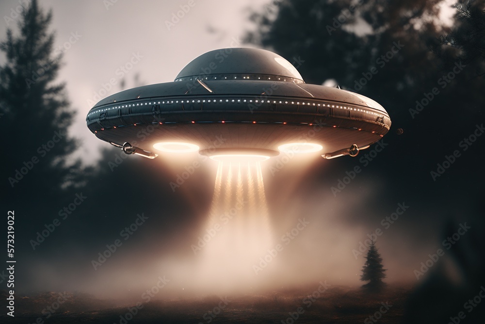 UFO flies in a landscape at night. Generative AI. UFO flies in a landscape at night. Generative AI.
