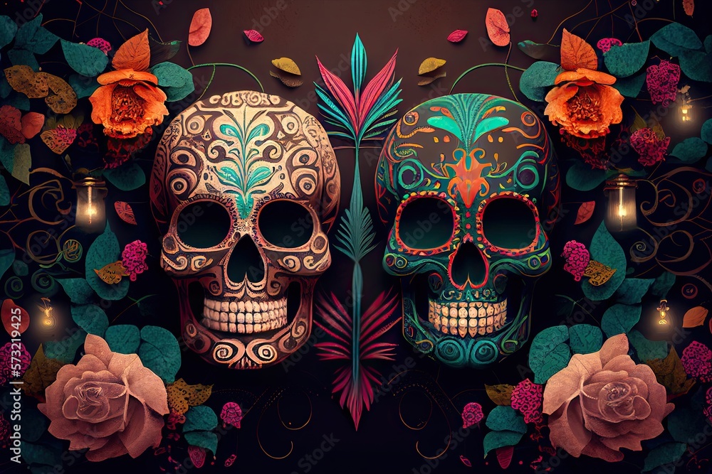 Dia De Los Muertos Background Day of the Dead Art Decoration, Bones Skull Flower Ornament Holiday Wallpaper, generative ai