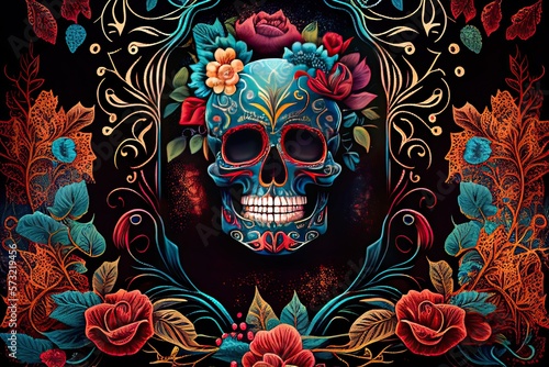 Dia De Los Muertos Background Day of the Dead Art Decoration, Bones Skull Flower Ornament Holiday Wallpaper, generative ai