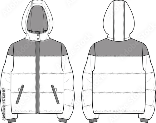 Unisex Quilted, Contrast Colour Hooded Zip-up Puffer Jacket. Technical fashion illustration. Front and back, white color. Unisex CAD mock-up.