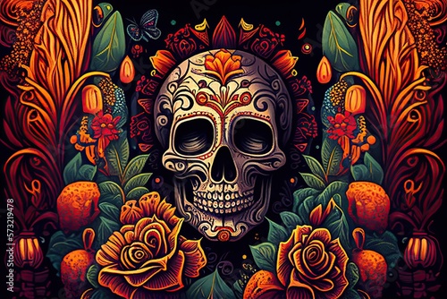 Dia De Los Muertos Background Day of the Dead Art Decoration, Bones Skull Flower Ornament Holiday Wallpaper, generative ai