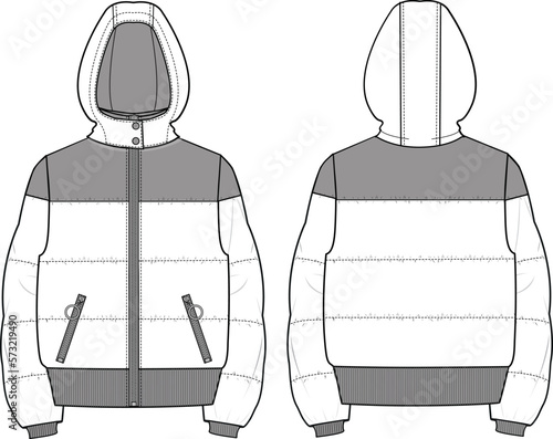 Unisex Quilted, Contrast Colour Hooded Zip-up Puffer Jacket. Technical fashion illustration. Front and back, white color. Unisex CAD mock-up.