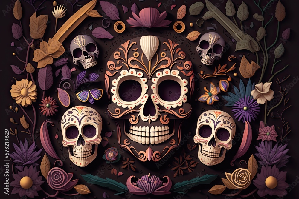 Dia De Los Muertos Background Day of the Dead Art Decoration, Bones Skull Flower Ornament Holiday Wallpaper, generative ai Dia De Los Muertos Background Day of the Dead Art Decoration, Bones Skull Flower Ornament Holiday Wallpaper, generative ai