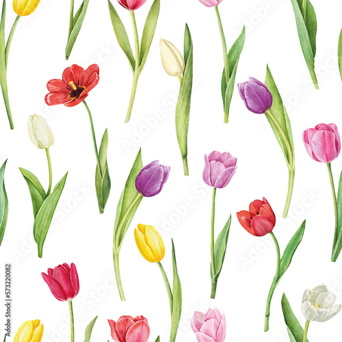 Seamless pattern with tulips flowers on white background, watercolor floral pattern, suitable for wallpaper, card or fabric. © Мария