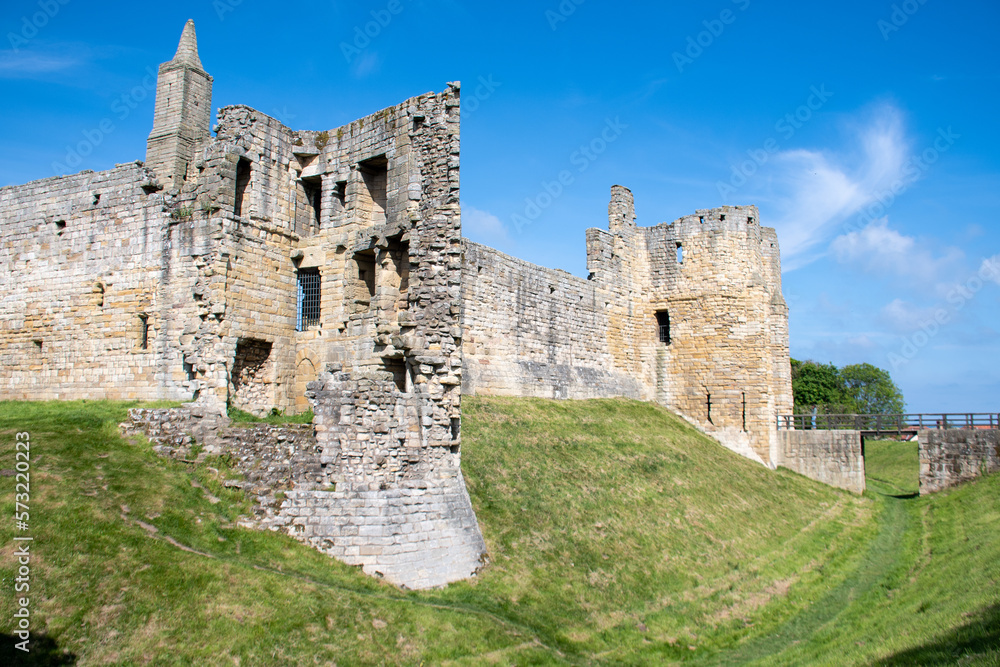 Outer walls/bailey on top of mound at Warkworth Castle in Northumberland, UK