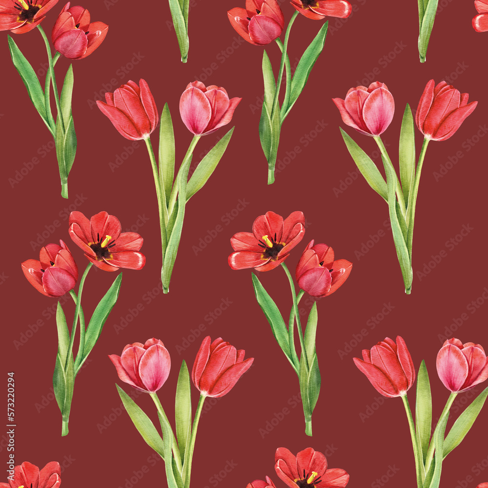 Obraz premium Seamless pattern with tulips flowers on white background, watercolor floral pattern, suitable for wallpaper, card or fabric.