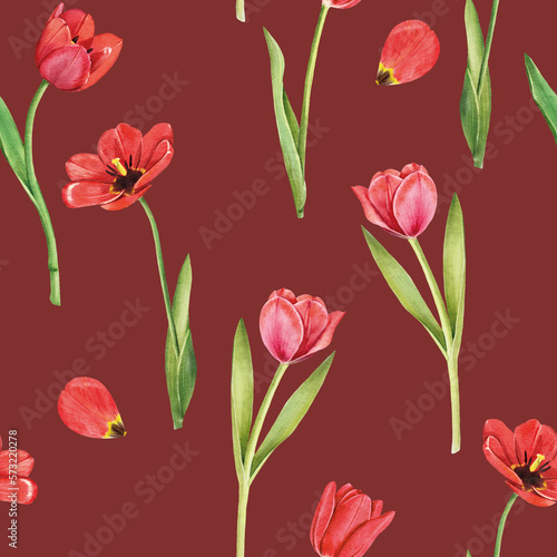 Seamless pattern with tulips flowers on white background, watercolor floral pattern, suitable for wallpaper, card or fabric.