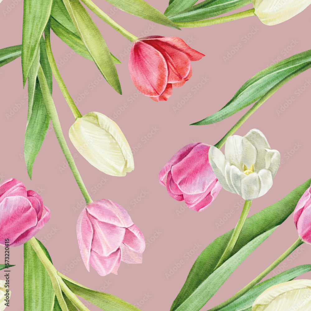 Seamless pattern with tulips flowers on white background, watercolor floral pattern, suitable for wallpaper, card or fabric.