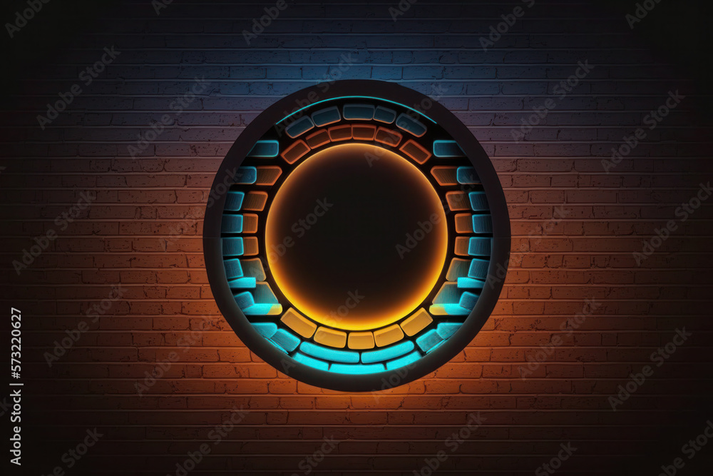 brick wall with round neon illumination. futuristic, abstract ...