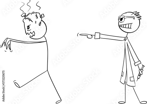 Evil Scientist Ordering Monster , Vector Cartoon Stick Figure Illustration