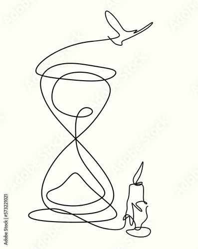 Continuous drawing with one line time timer, candle and soaring pigeon. Close-up vector illustration. The concept of time loss