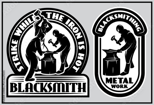 A set of two blacksmithing logo design templates. Blacksmith at work. Vector monochrome illustration