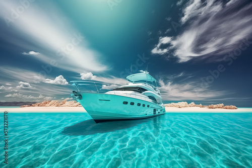 Luxurious motor boat in turquoise ocean water against blue sky with white clouds and tropical island. Summer vacation, tropical beach with turquoise water, summer holidays vacation. generative AI  © BlazingDesigns