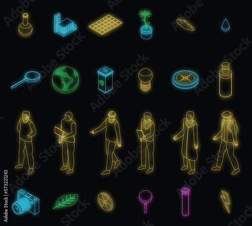 Ecologist icons set. Isometric set of ecologist vector icons neon color on black