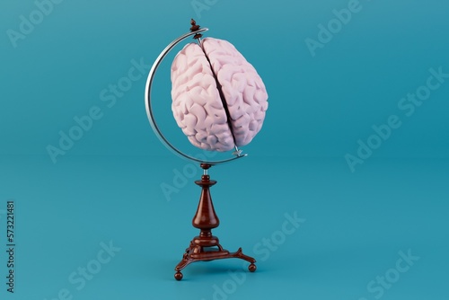 thoughts of travel. a brain with a globe handle on a turquoise background. 3D render