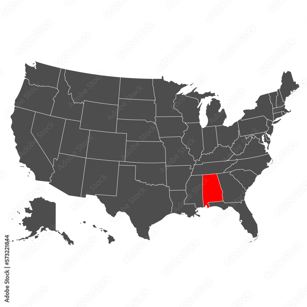 Vector map of Alabama. High detailed illustration. Country of the United States of America. Flat style. Vector