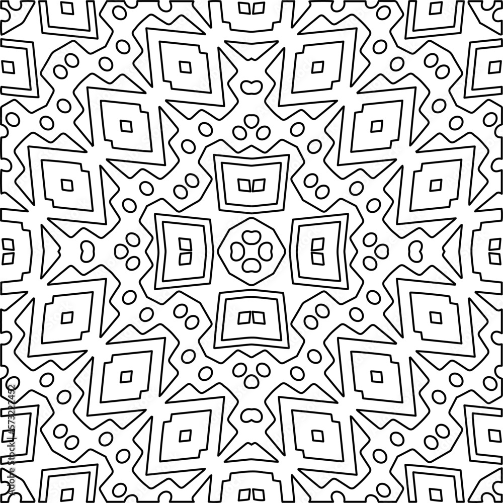  Monochrome ornamental texture with smooth linear shapes, zigzag lines, lace pattern.Abstract geometric black and white mandala for web page, textures, card, poster, fabric, textile.