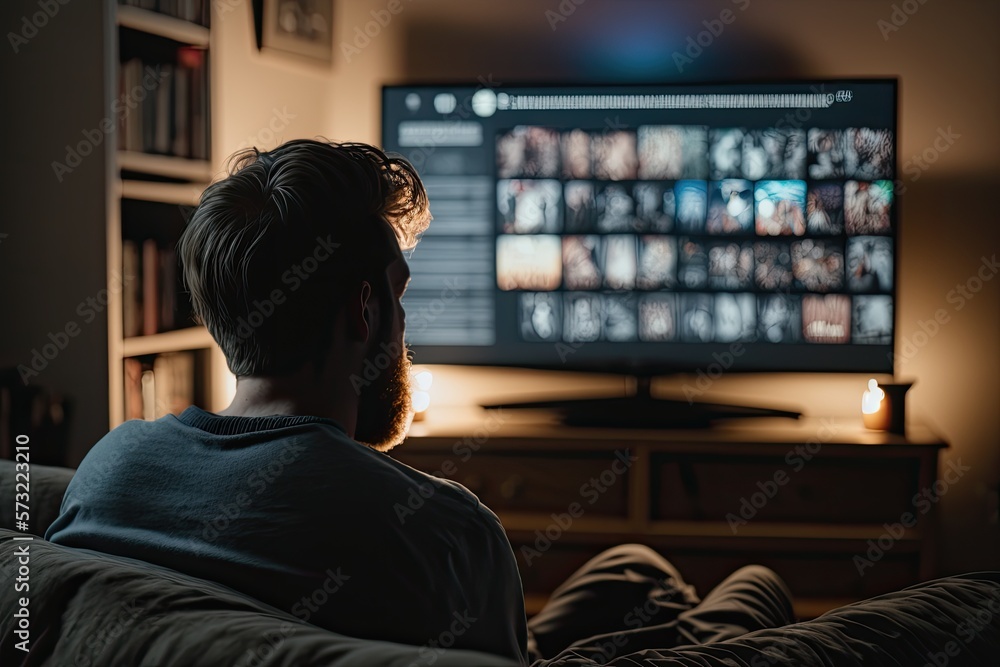 Man using a remote to select a movie to watch. Man is seated on couch at home. Ai generative. Man using a remote to select a movie to watch. Man is seated on couch at home. Ai generative.