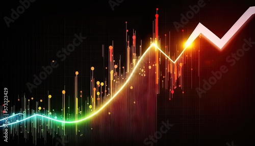 Une ligne de tendance haussière du marché boursier, un graphique en chandelier aux couleurs vives sur fond noir.