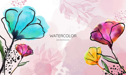 Watercolor art background vector. Wallpaper design with paint brush and gold line art. Earth tone blue, pink, ivory, beige watercolor Illustration for prints, wall art, cover and invitation cards.
