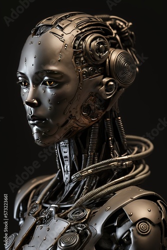 Portrait d'un androïde, d'un robot, d'un cyborg à la technologie très avancée avec des fonctionnalités stoïques.