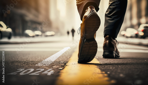 Man standing with forward ahead direction arrow and start 2024 new year, shoes of businessman step forward to goal , Motivation and Success Concept, Generative AI