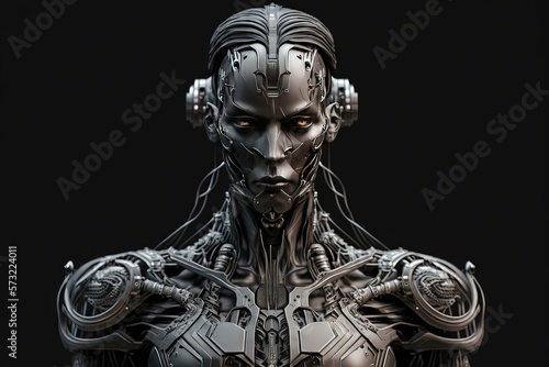 Portrait d'un androïde, d'un robot, d'un cyborg à la technologie très avancée avec des fonctionnalités stoïques. © MiniMaxi