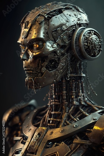 Portrait d'un androïde, d'un robot, d'un cyborg à la technologie très avancée avec des fonctionnalités stoïques.
