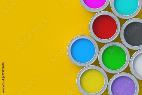 Colorful paints in cans. Top view. Copy space. 3d render