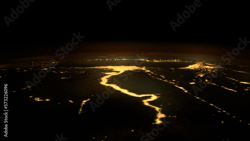 Cuadro en lienzo Nile river seen from the space during night with visible cities lights