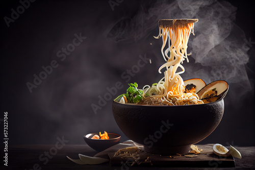 Hot Ramen in bowl with noodles and Miso. Hot steam on dark background. generative Ai