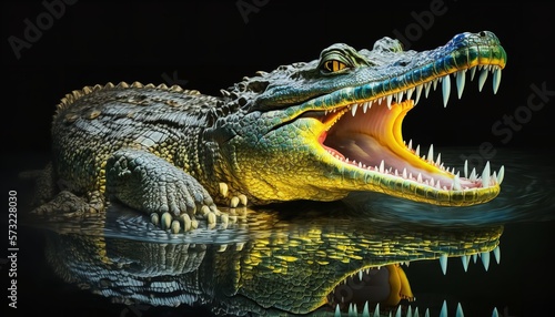 Happy crocodile in the water with open mouth and teeth. Generative Ai.