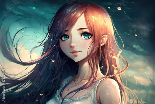 a lovely cute looking anime mermaid girl, generative ai technology photo