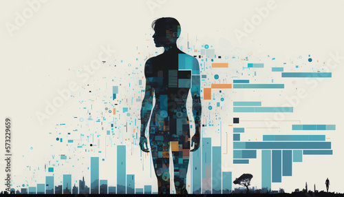 A collage of charts and graphs with a human silhouette standing in the foreground. Big data and analytics in business concept and Data Visualization. Digital Art Illustration.