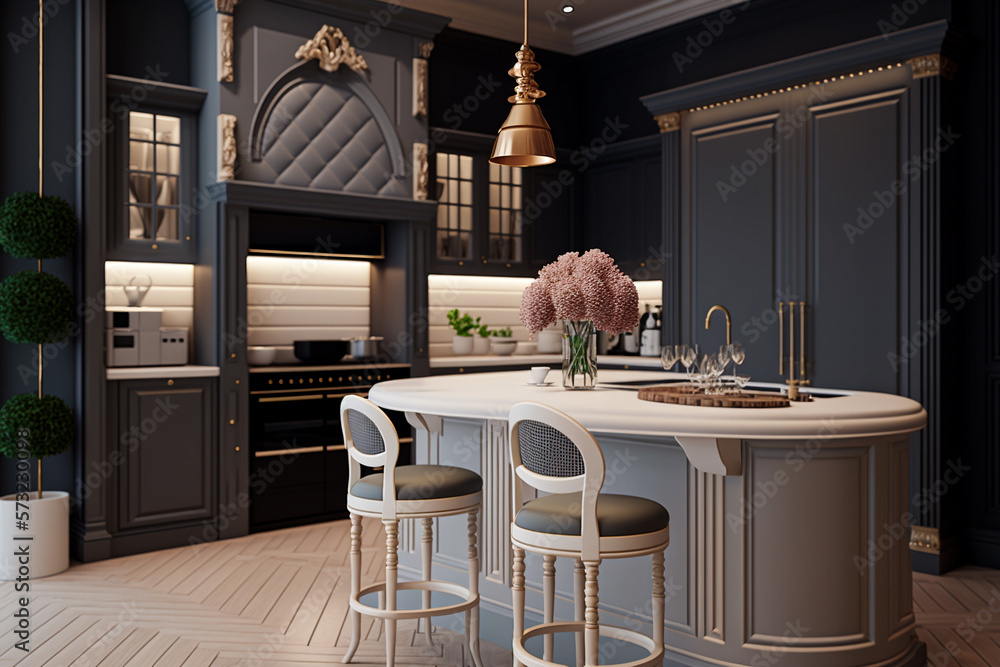 Stylish cozy kitchen island in luxury house. Idea for interior design ...